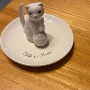 Kohl's White Ceramic Cat Jewelry Dish with Purple Script